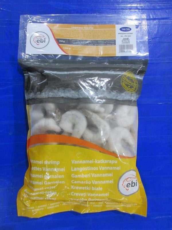 Sealed retail prawn pack, 16/20 count, frozen
