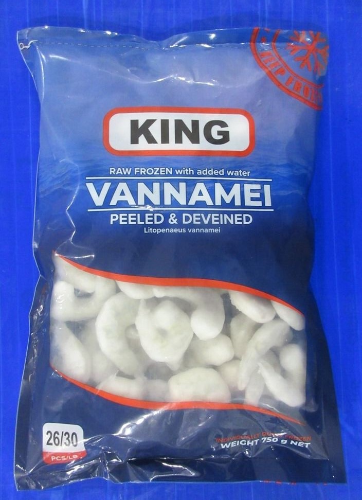 Sealed retail prawn pack, label detail